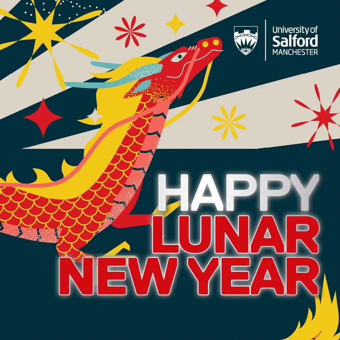 'Happy Lunar New Year' written alongside a dragon and fireworks.