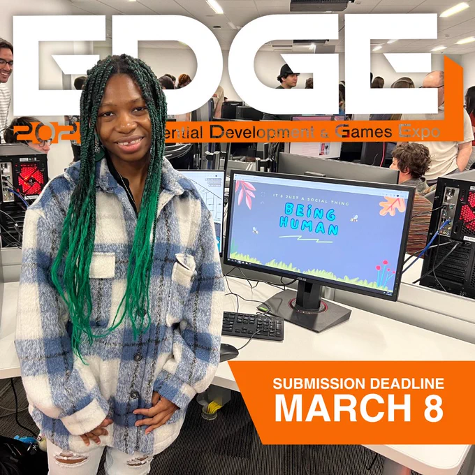 An IGM student standing in front of their project at the 2023 RIT Student Game Showcase. Announcement for submissions to EDGE 2024 closing on March 8