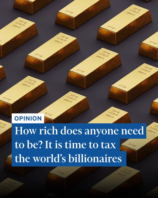 ⁠
Photo credit: Stock Photo⁠
⁠
Image description: Digitally generated image of a repeating pattern of gold ingots. White text on blue overlay reads 'Opinion: How rich does anyone need to be? It is time to tax the world's billionaires'