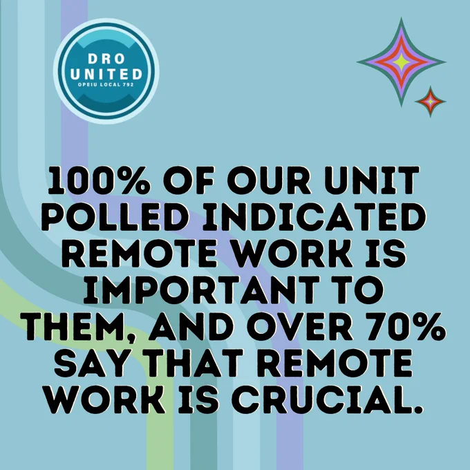 A blue graphic that reads “100% of our unit polled indicated remote work is important to them, and over 70% say that remote work is crucial.”