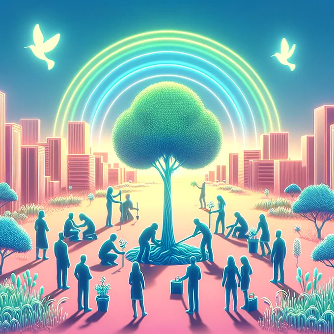 A serene and harmonious scene symbolizing problem-solving and unity among diverse groups of people. The setting is a peaceful outdoor environment, with individuals of various backgrounds working together to plant a tree. The sky is clear and the atmosphere is calm, reflecting the theme of peace and cooperation. The image should evoke a sense of tranquility and collective effort, with the tree representing growth and unity.