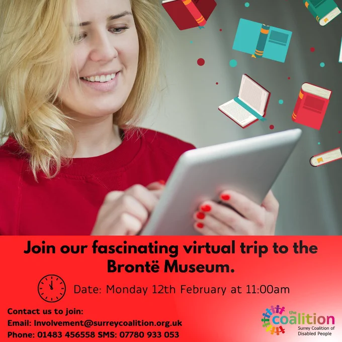 Poster for the virtual trip to the Bronte Museum. On the poster is a photo of a woman smiling and looking at a digital tablet device. In the top right corner is a patter of a graphic of several colourful books and dots. At the bottom of poster is a red banner with the text in the post description.