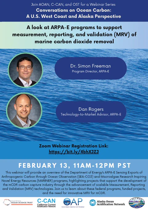 A flyer for a webinar on marine carbon dioxide removal featuring speakers Dr. Simon Freeman, ARPA-E Program Director, and Dan Rogers, ARPA-E Technology-to-Market Advisor.