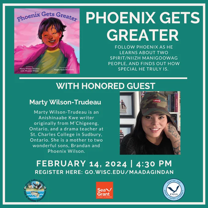 A poster advertising the next book Maadagindan book club event on February 14, which will feature the book Phoenix Gets Greater by Marty Wilson-Trudeau.