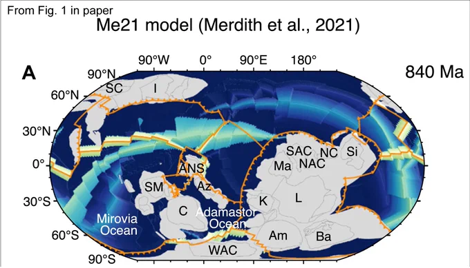 Color globe map of Rodinia reconstructions for 840 Ma using the plate motion model Me21 (Merdith et al., 2021).