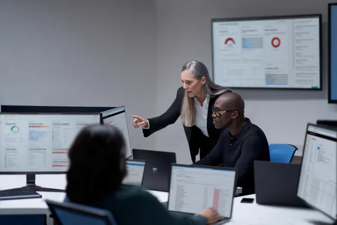 CISO (chief information security officer) collaborating with a practitioner in a security operations center