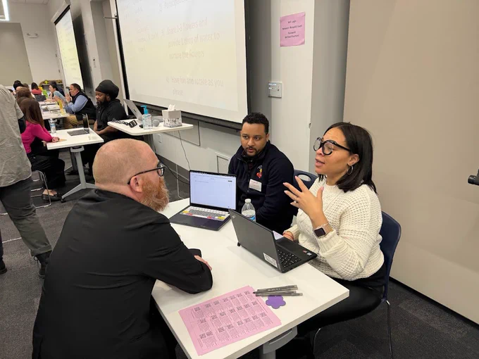 Parent Coordinator Brittney Wilson & Teacher Gerard Gomez showing their Family Survey A.I. Tool.
