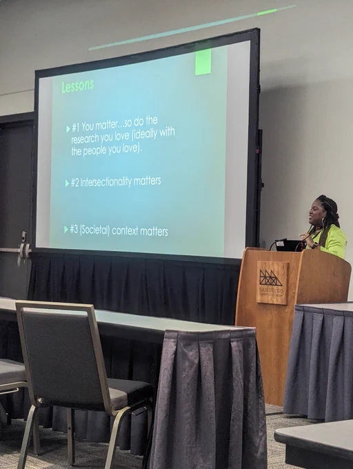 India Johnson at SPSP 2024 Gender precon. Lessons: you matter... So do the research you love (ideally with the people you love), intersectionality matters, social context matters