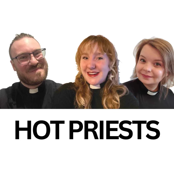 Images is of the three Vicars Watch Dibley hosts with the text reading: Hot Priests