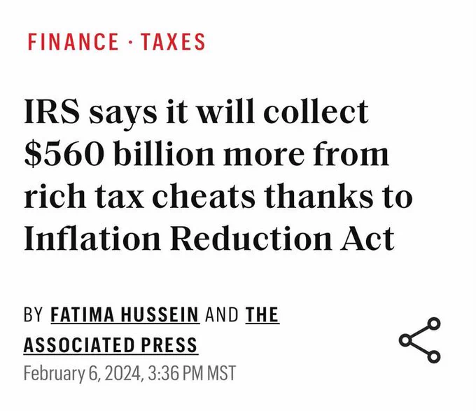 Headline: IRS says it will collect 560 billion dollars more from rich tax cheats thanks to Inflation Reduction Act