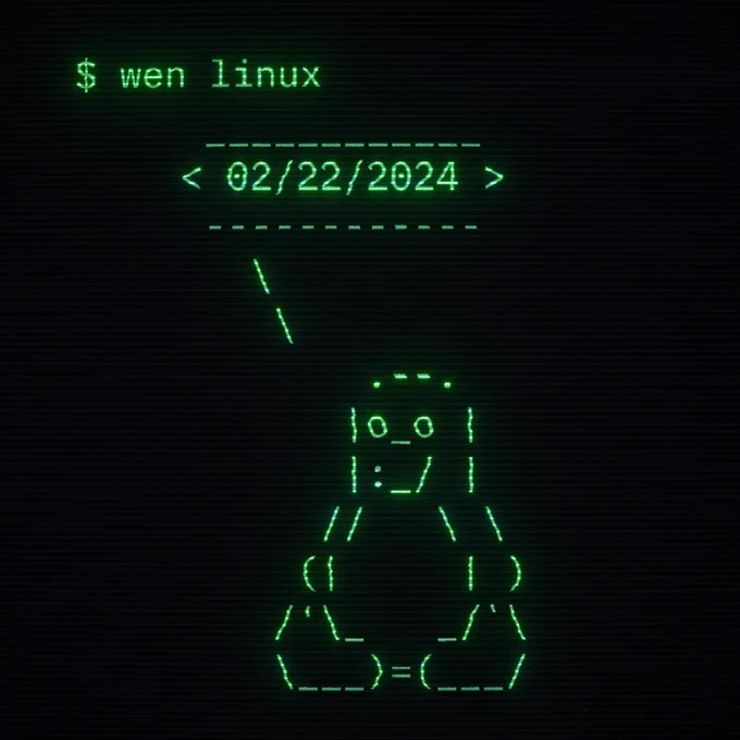 A terminal showing Tux (Linux Penguin) saying "02/22/2024".