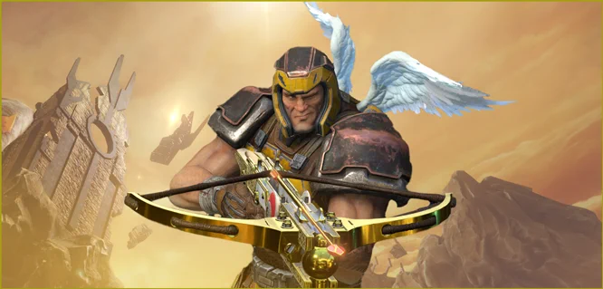 Ranger wearing Valentine's Day cupid wings and holding the crossbow railgun. 