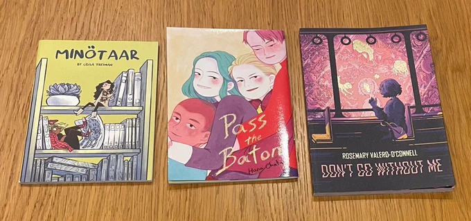 A selection of Shortbox Graphic novels
- Minötaar by Lissa Treiman 
- Pass the Baton by Hana Chatani
- Don’t Go Without Me by Rosemary Valero-O’Connell
