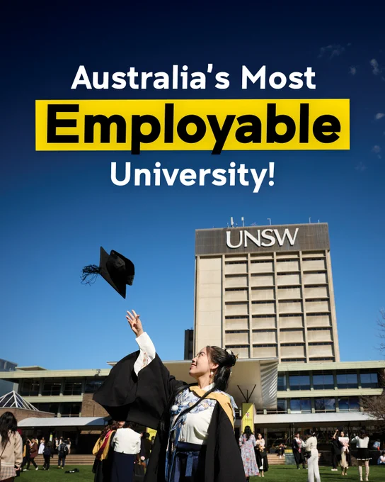 Image of a UNSW graduate celebrating on campus with text that reads ‘Australia's Most Employable University!’