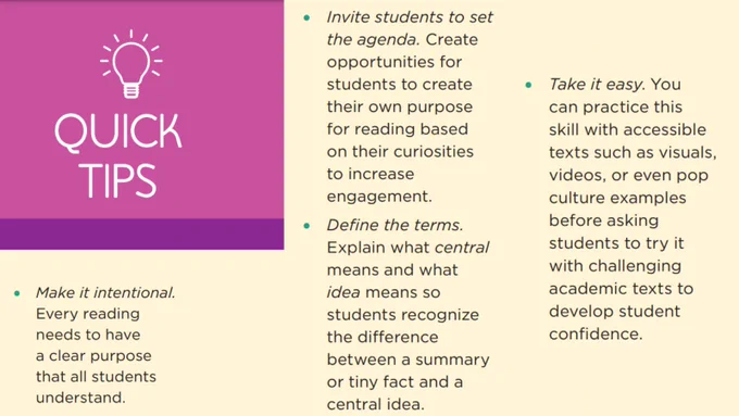 Quick tips: Make it intentional. Every reading needs to have a clear purpose that all students understand. Invite students to set the agenda. Create opportunities for students to create their own purpose for reading based on their curiosities to increase engagement. Define the terms. Explain what central means and what idea means so students recognize the difference between a summary or tiny fact and a central idea. Take it easy. You can practice this skill with accessible texts such as visuals, videos, or even pop culture examples before asking students to try it with challenging academic texts to develop student confidence. 
