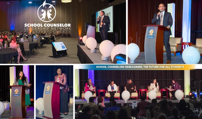 Speaking on stage at the Spring 2024 School Counselor Leadership Network 1-day event, Catalina Cifuentes, and student panel.