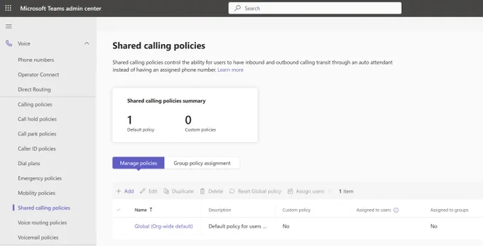 A screenshot of Teams admin center showing the summary page for Shared calling policies, which is the primary way that Admins configure the feature.  In this example, only the org-wide default policy instance is displayed.   