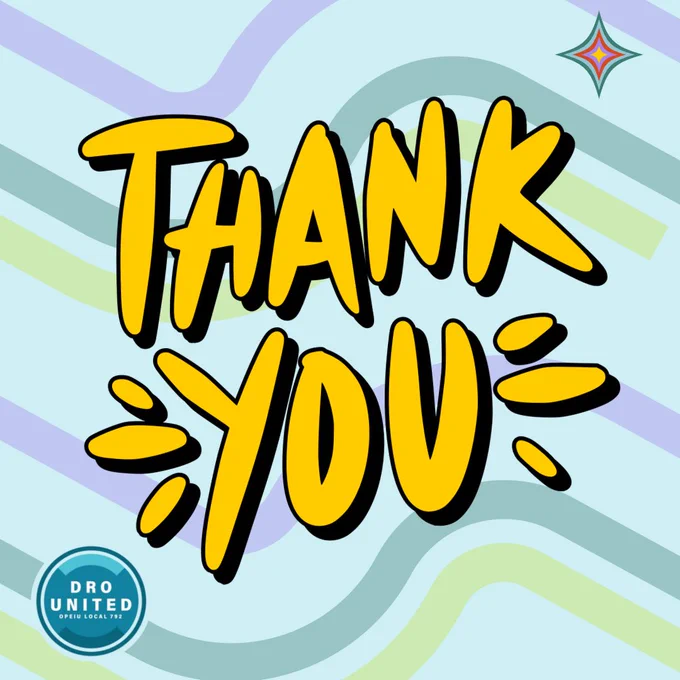 Photo ID: A blue graphic with a bright yellow “thank you”, with the DRO United logo.