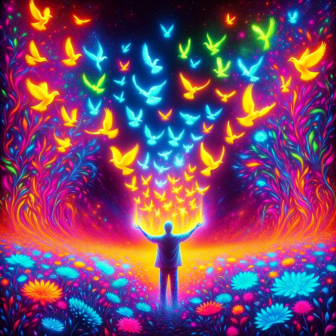 A vibrant and colorful scene in a fluorescent style, depicting the concept of forgiveness and healing. The image shows a person standing in a radiant, luminous field, surrounded by bright, fluorescent flowers. The person is releasing a flock of glowing birds from their hands, symbolizing the act of forgiveness and liberation. The background is filled with an array of fluorescent colors, creating an aura of peace, freedom, and emotional release. The overall atmosphere of the image should be uplifting, ethereal, and filled with light.