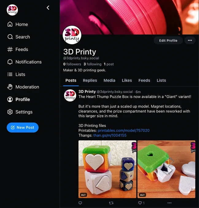Screenshot of the 3D Printy profile page on Bluesky: https://bsky.app/profile/3dprinty.bsky.social