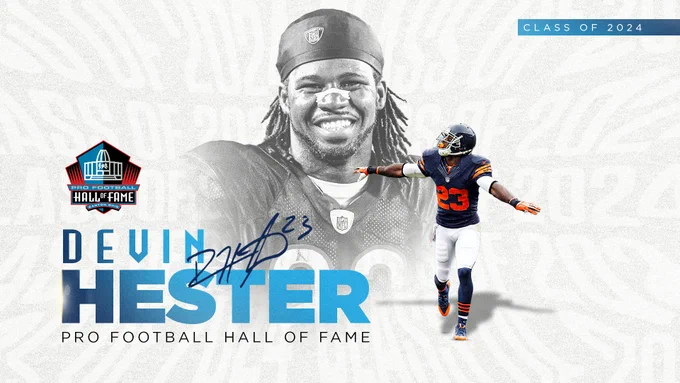 Graphic introducing Devin Hester as a member of the Pro Football Hall of Fame's Class of 2024.