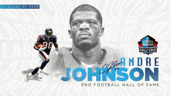 Graphic introducing Andre Johnson as a member of the Pro Football Hall of Fame's Class of 2024.