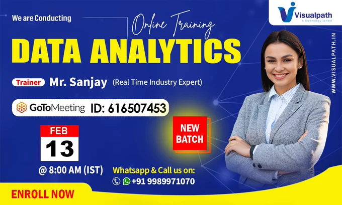 👉Join Now: https://bit.ly/3ODGkRT
👉Attend the New Online Batch #dataanalytics by Mr. Sanjay.
📅Batch On : 13th February, 2024 @ 8:00 AM IST
📲Contact us:  91 9989971070
📩Join us on Telegram: https://t.me/visualpathsoftwarecourses 
📩Join us on WhatsApp: https://bit.ly/47eayBz
🌐Visit: https://visualpath.in/data-analytics-online-training.html
#dataanalytics #datascience #dataanalyticscourse #newbatch #dataanalyticsonline #BigData #machinelearning #Analytics #DataEngineering #Hadoop #DataProcessing #bianalytics #SQL #deeplearning #trendingcourses #dataanalyticsbatch #latesttechnology  #SoftwareCourses #PowerBI #python #tableau