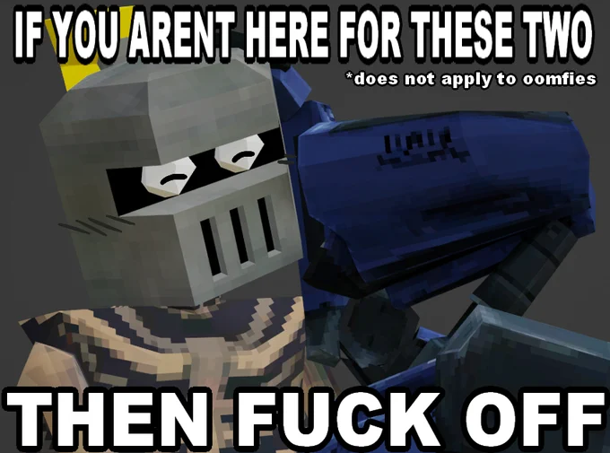 blender screenshot of v1 headpatting mysterious druid knight with the text "IF YOU ARENT HERE FOR THESE TWO THEN FUCK OFF (*does not apply to oomfies)"