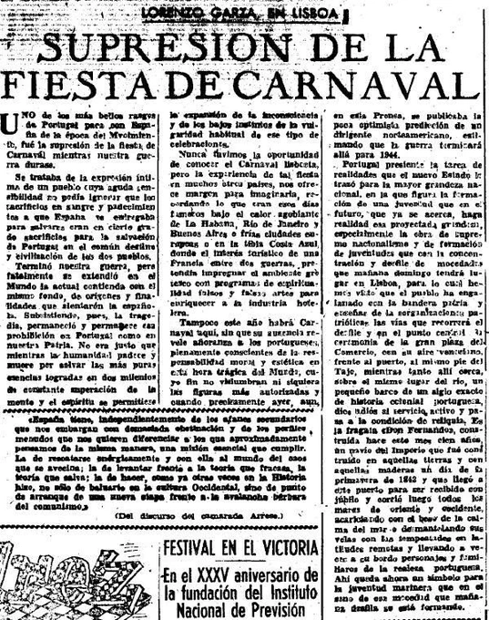 Article d'opinió aparegut en l'edició de la Mañana, diari local de Lleida, el 2 de febre de 1943 a propòsit de la prohibició de la prohibició de la festa també a Portugal i de la guerra mundial
