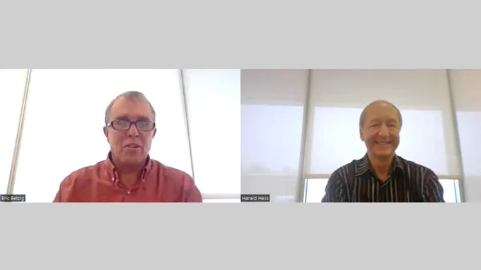 Eric Betzig (left) in conversation with Harald Hess. Still from recorded interview.