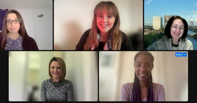 Image of five recently Chartered PR Practitioners: Jenny Aylward, Christina Berry-Moorcroft, Nicoleta Dobrata, Jane Lomas, and Terri McCollin.