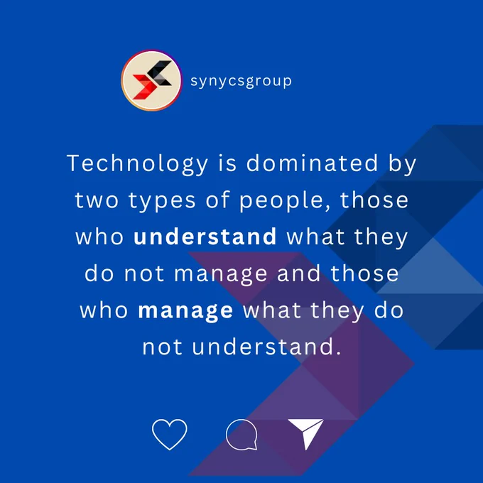 At Synycs, we bridge the gap between understanding and management in technology. Our expertise lies in both comprehension and effective leadership, ensuring seamless integration of knowledge and management for technological excellence. 🎨💻 Happy Weekend🎉
.
.
.
.
.
.
.
.
.
.
.
#SynycsGroup #developerinspiration #developerquotes #ITSuccess  #BridgingTheGap #InnovationWeekend #MotivationalQuotes