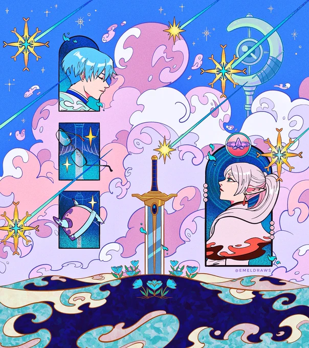 Illustration inspired by the anime/manga Frieren: Beyond Journey’s End depicting Himmel, Frieren, the Hero sword, etc. with clouds and shooting stars as surrounding elements