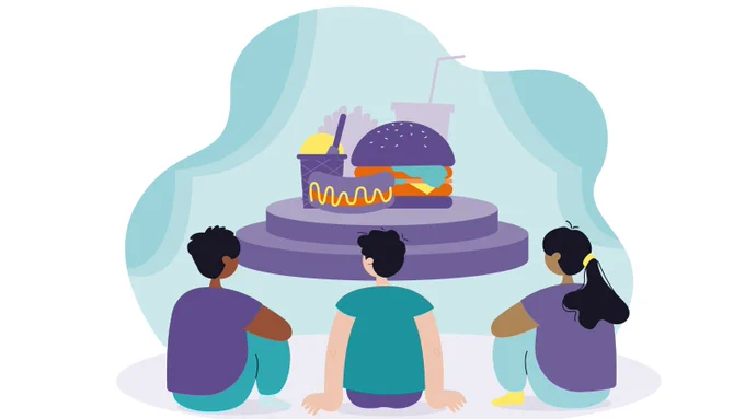 Three figures looking at unhealthy food and drink on a stage platform. (Image credit: Impact on Urban Health)