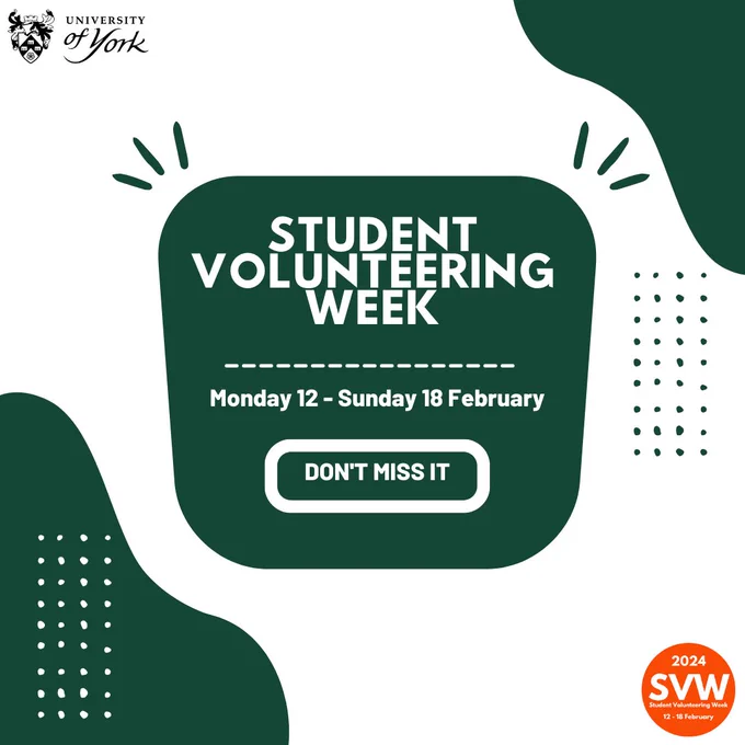 Image shows a reminder for Student Volunteering Week, Monday 12 - Sunday 18 February, don't miss it. 