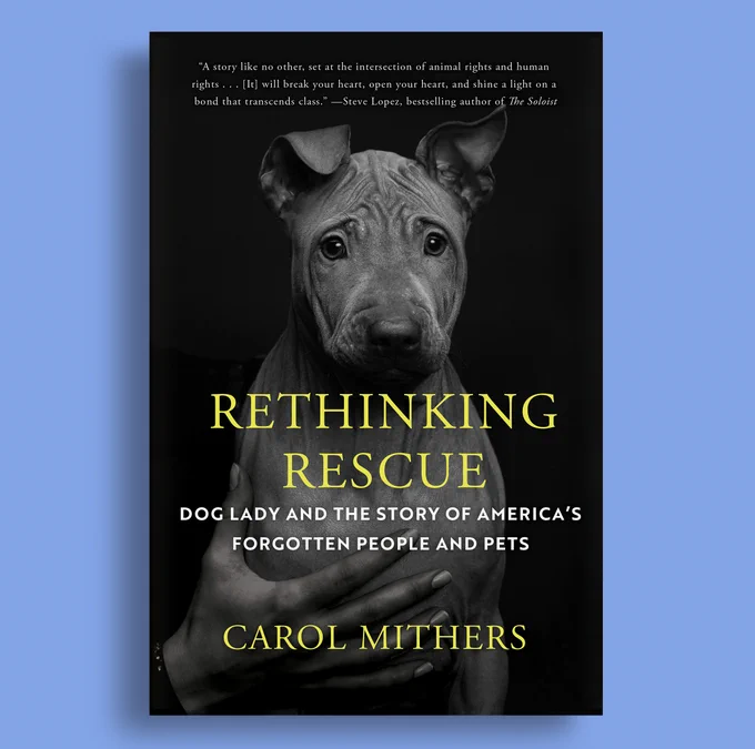 A mockup of the book Rethinking Rescue by Carol Mithers. Cover is text over a grayscale photo of a hand holding a very cute puppy.