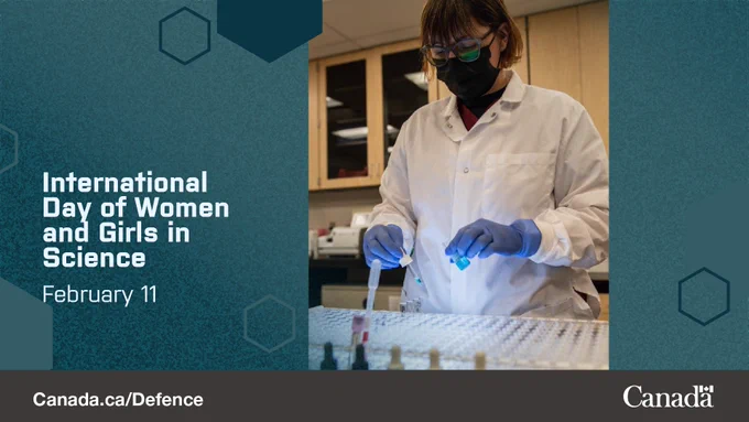 A person in a lab coat and gloves working in a laboratory. Text: International Day of Women and Girls in Science – February 11