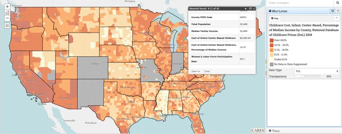 Map showing Cost of infant center-based childcare in Gladwin County, MI is $9,065.94 and 14.57% of median income.