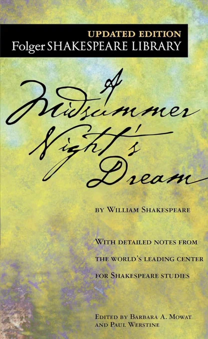 A book cover with mottled yellow and green background and a cursive font in navy that says A Midsummer Night's Dream