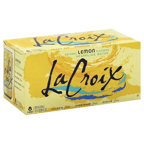 An 8-pack box of LaCroix, a mottled yellow color with black script reading LaCroix LEMON