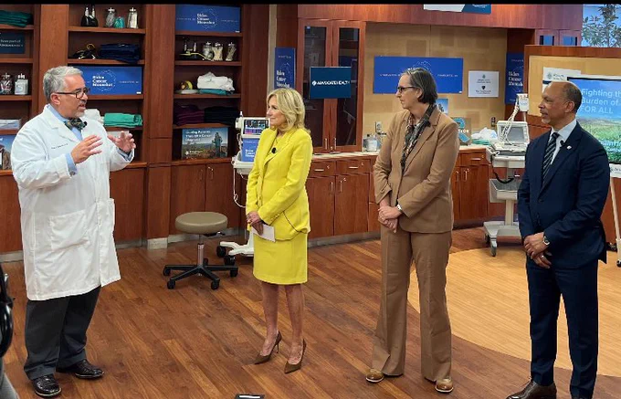 First Lady Jill Biden and NCI Director Dr. Kimryn Rathmell hear from Dr. Ruben Mesa, President of Atrium Health Levine Cancer Institute. Image Credit: Atrium Health Levine Cancer Institute
