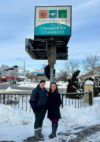 Lt. Gov. Rodriguez poses for a photo in front of the Fort Atkinson Chamber of Commerce sign with Shauna Wessely, executive director.