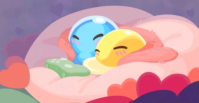 Illustration of a Puddle and Yolky Slime cuddled together a pink, heart-shaped pillow with a green game controller.
