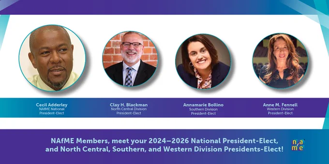 NAfME member meet your 2024 to 2026 National President-Elect, and North Central, Southern, and Western Division Presidents-Elect. Cecil Adderley NAfME National President Elect. Clay H. Blackman North Central Division President-Elect. Annamarie Bollino Southern Division President-Elect. Anne M. Fennell Western Division President-Elect. 