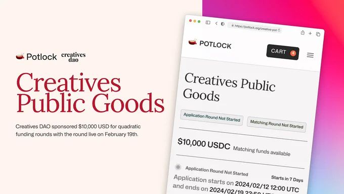 We are proud to announce the first quadratic funding round on #NEAR for #Creative Public Goods, sponsored by @CreativesDAO!  

💰 $10,000 in the matching pool (with the option to add more)

This is the first in a series of quadratic funding rounds in the upcoming months (👀 more alpha to come).  

🗳️ Applications open up 🗓️ Monday, and matched donations starts the next Monday (Feb 19th).

✏️ https://blog.potlock.org/10-000-for-creative-public-goods-via-quadratic-funding-on-potlock-75777f6b8d49