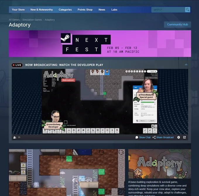 Screenshot from Adaptory's Steam page showing the Steam Next Fest banner, and the live video stream showing a rebroadcast.