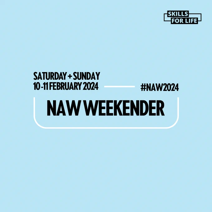 Blue square with black writing that reads:
Saturday and Sunday 10-11 February 2024
NAW Weekender
#NAW2024