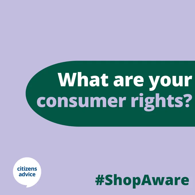 Purple background with a green oval shape. Text reads: 'What are your consumer rights? #ShopAware'