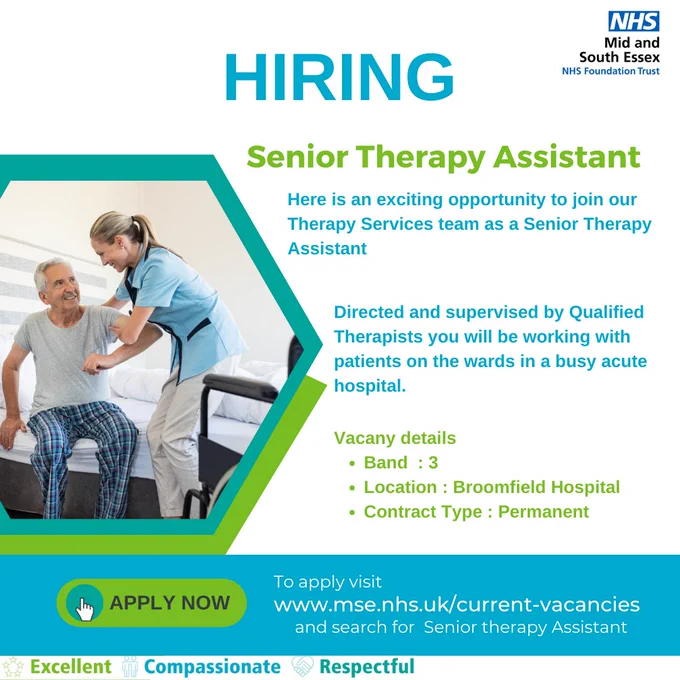 Poster advertising Therapy assistant vacancy. To the left of the poster a photographic image of a therapy assistant helping an elderly patient with mobility