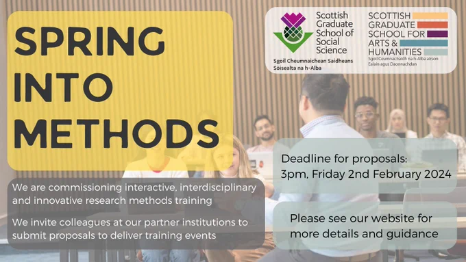 A faded background image showing a group of students and a teacher. The text over the image reads 'SPRING INTO METHODS. We are commissioning interactive, interdisciplinary and innovative research methods training. We invite colleagues at our partner institutions to submit proposals to deliver training events. Deadline for proposals: 3pm, Friday 2nd February 2024. Please see out website for more details and guidance.' At the top right, the logos for SGSSS & SGSAH.